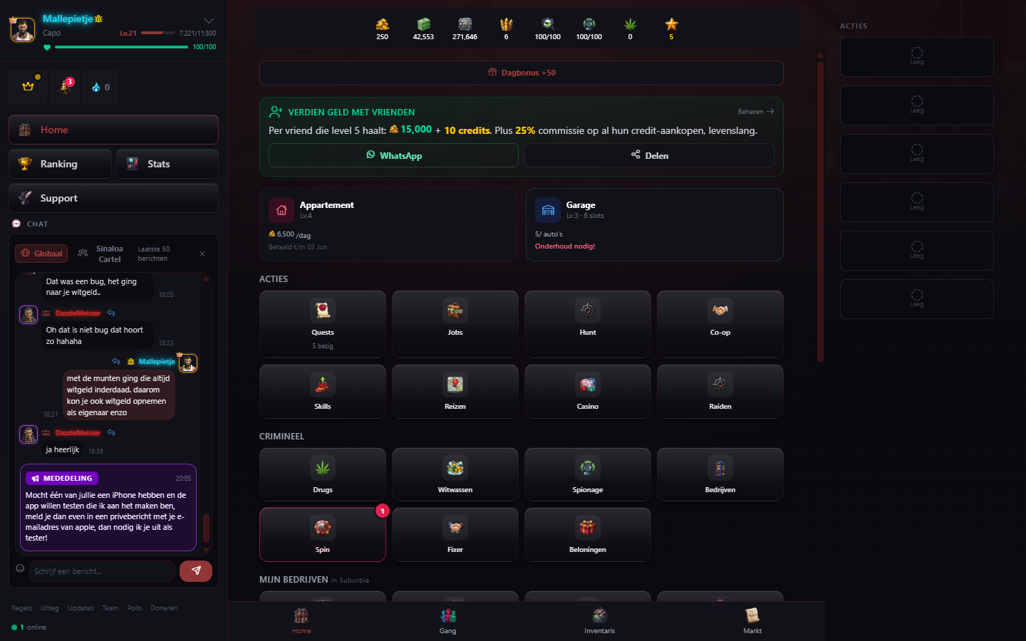 CrimeQuest dashboard op desktop
